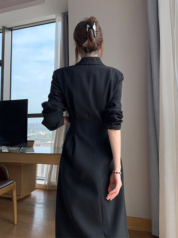 waist slim black long suit dress