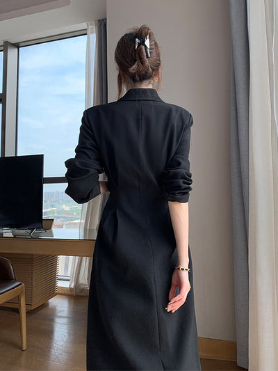 waist slim black long suit dress