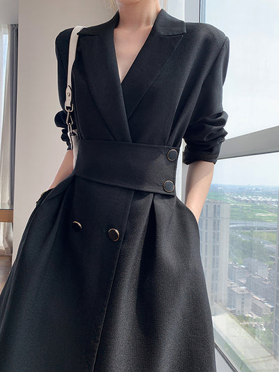 waist slim black long suit dress