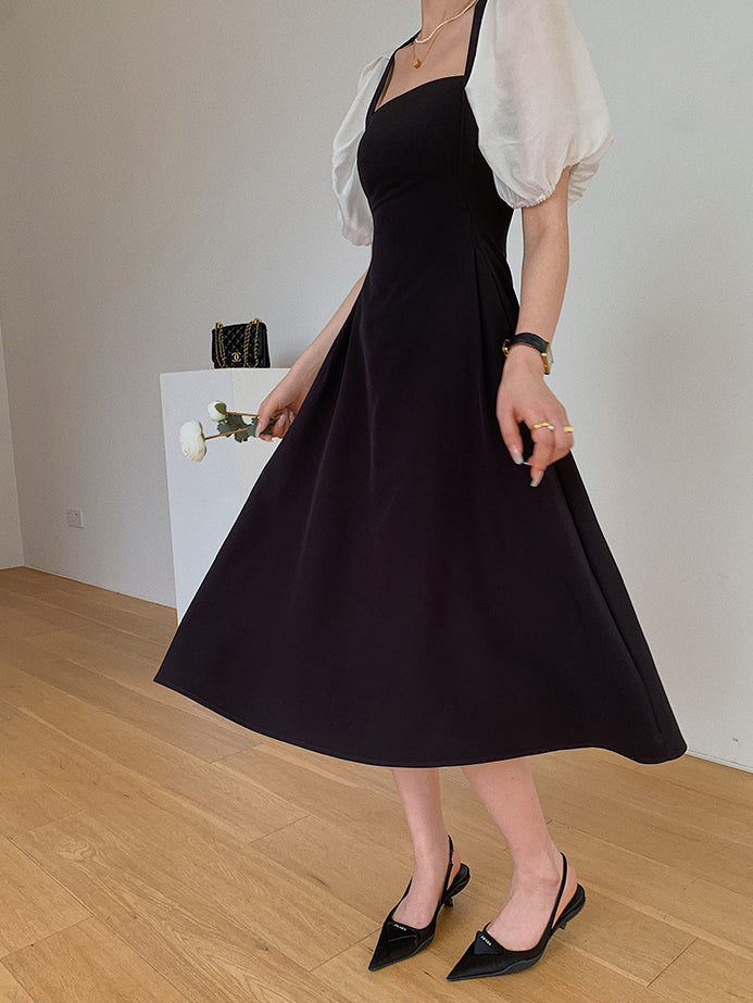 square neck puff sleeve bicolor dress