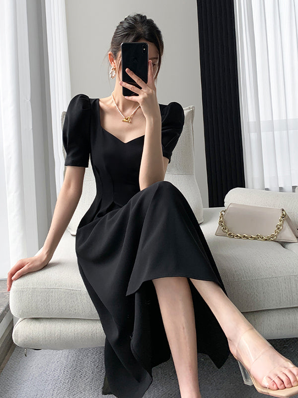 square neck back cross black long dress