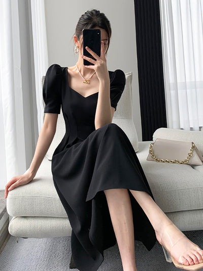 square neck back cross black long dress