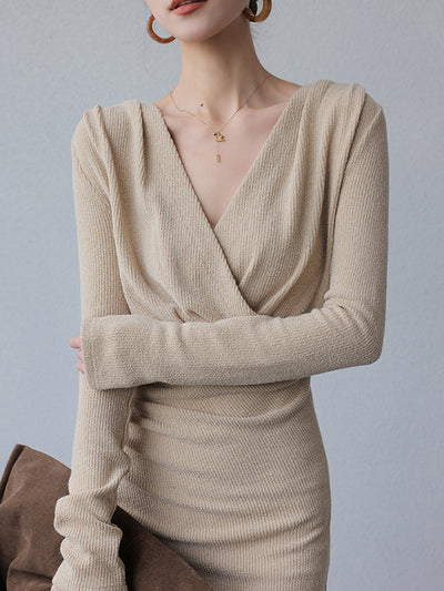 milk tea color v neck long one piece