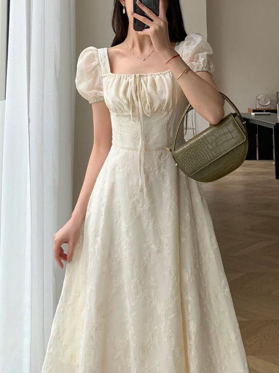 square neck puff sleeve lace long dress