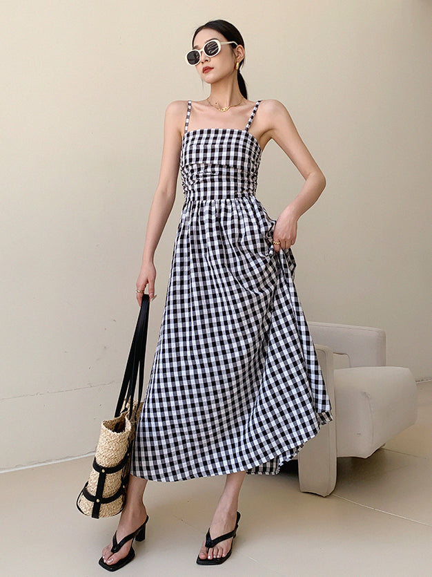 black plaid tube top a line long dress