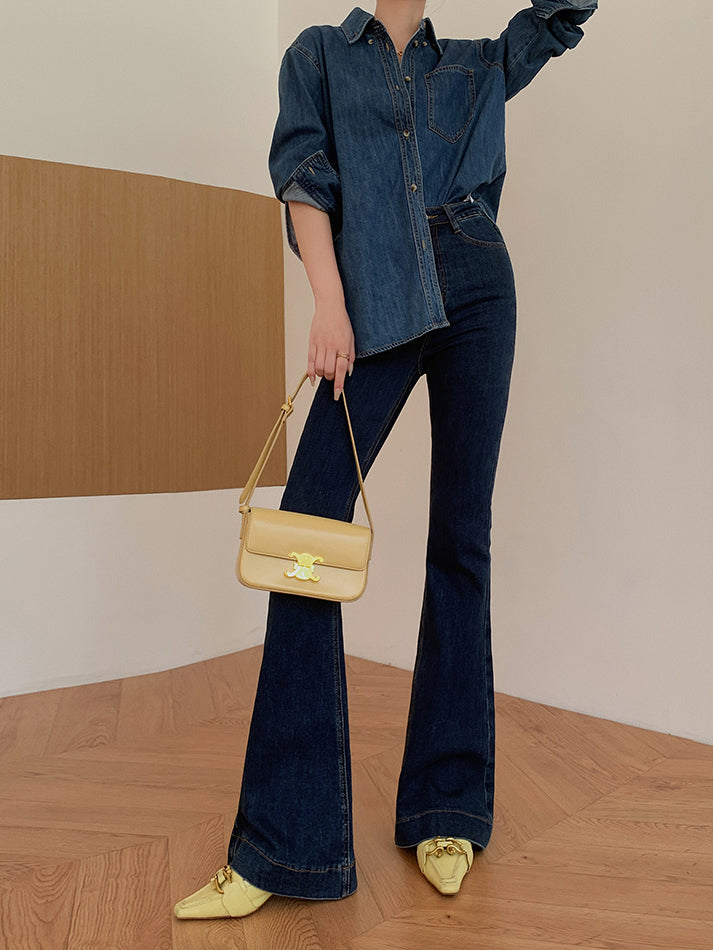 high waist flare slim fit dark blue denim pants