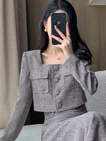 gray brown square collar short French jacket