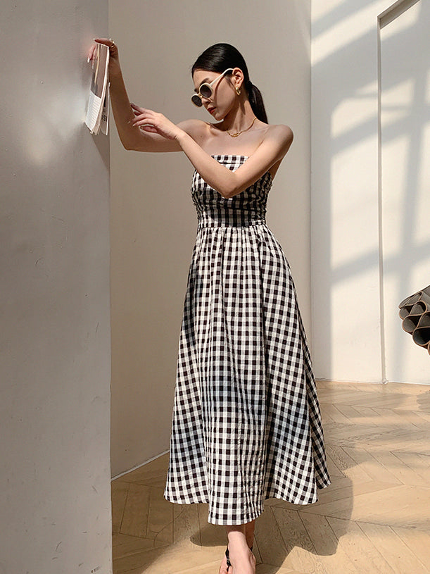 black plaid tube top a line long dress