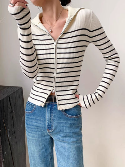 striped zipper knit tops