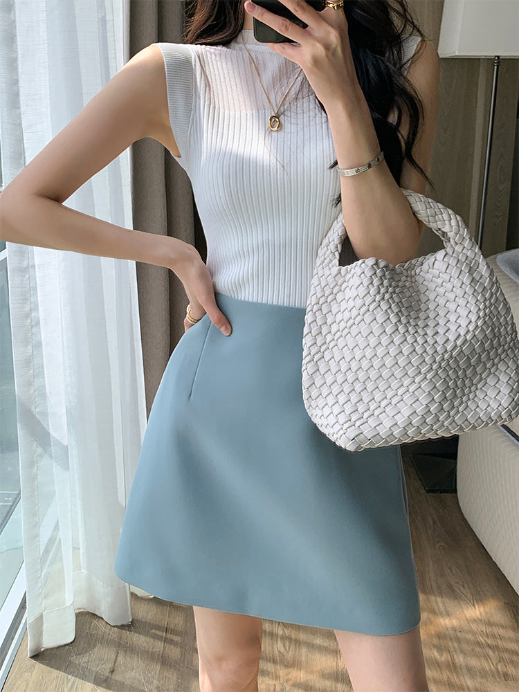 high waist trapezoid light blue mini skirt