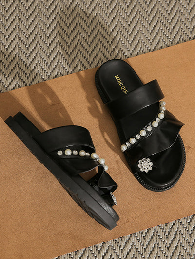 flat ruffle pearl bijou sandals