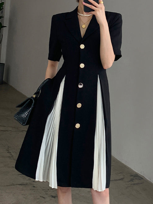 black short sleeve suit style pleats one piece
