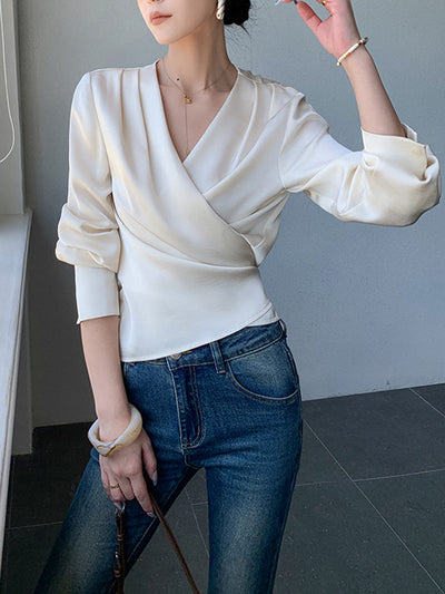 off white v neck waist cross long sleeves shirt