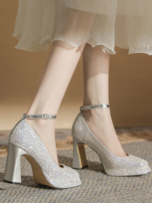 crystal square toe high heel pumps