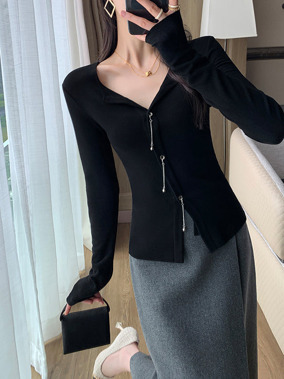 black slim fit v neck chain tops