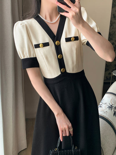 v neck bicolor gold button long one piece