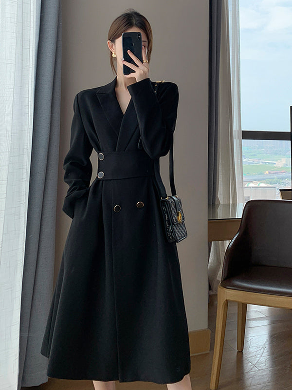 waist slim black long suit dress