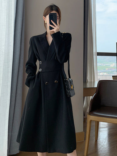 waist slim black long suit dress