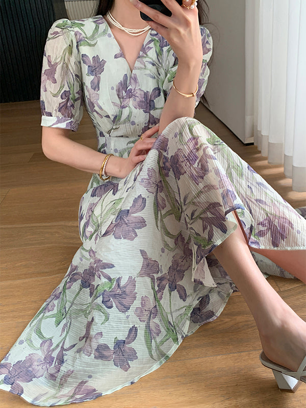 v neck flower tencel long one piece