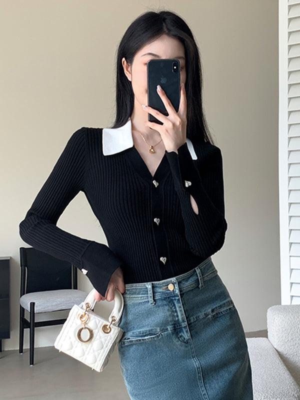 v neck collar heart button cardigan