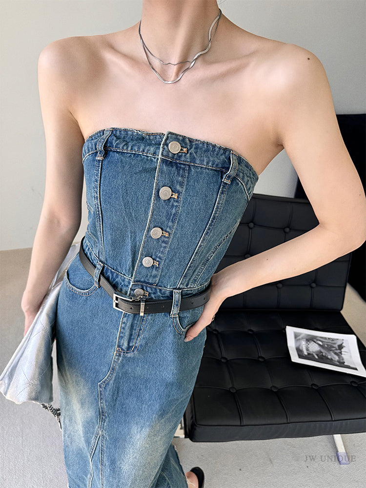 blue denim button tube top long one piece