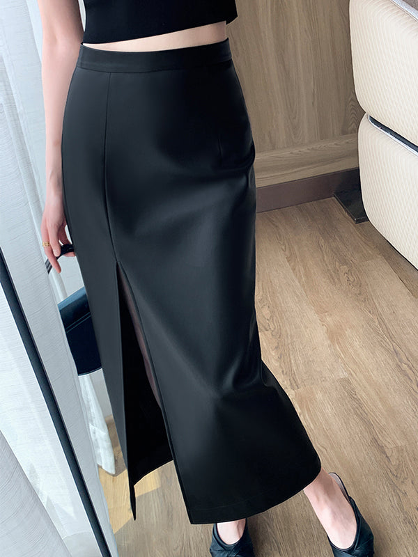 high waist slim slit leather long skirt