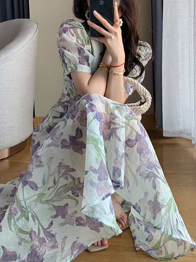 v neck flower tencel long one piece