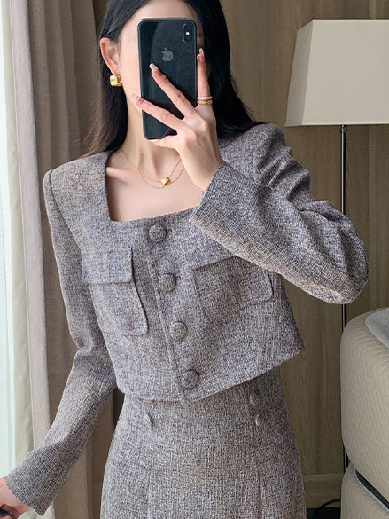 gray brown square collar short French jacket
