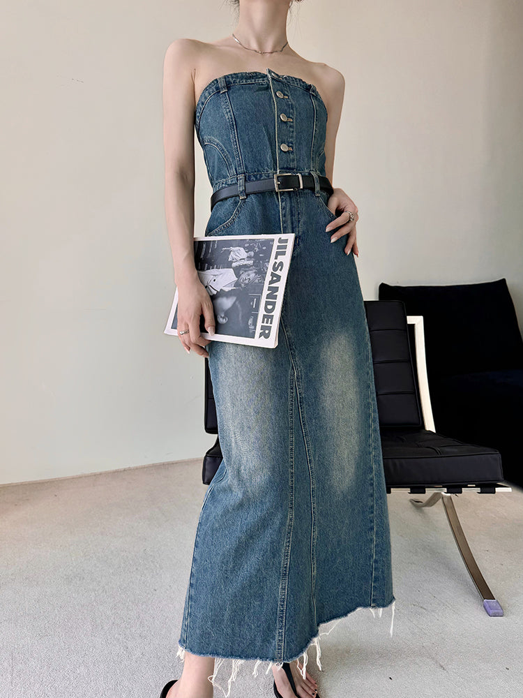 blue denim button tube top long one piece