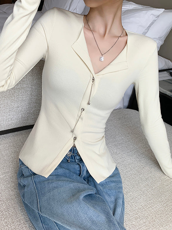 off white slim fit v neck chain tops