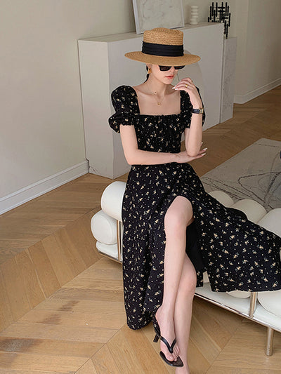 square neck puff sleeve slit black flower one piece