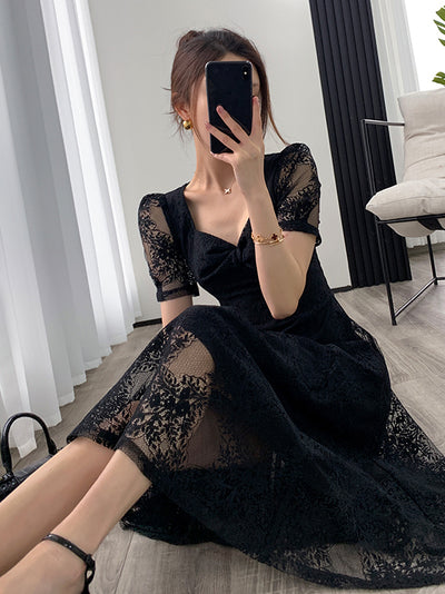 square neck flare black lace one piece