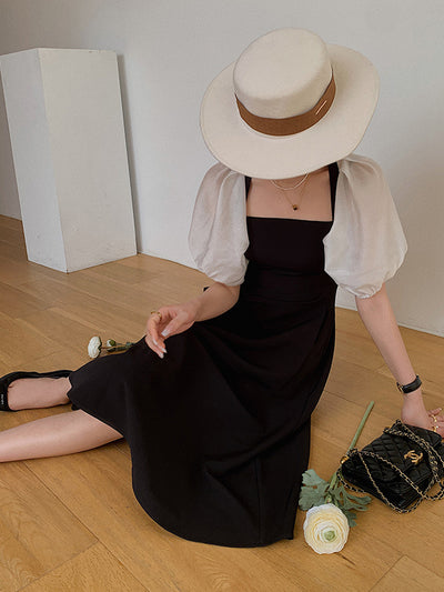 square neck puff sleeve bicolor dress