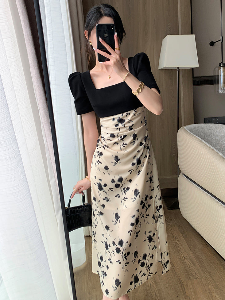 french flower square neck slit long one piece