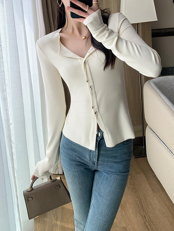 off white slim fit v neck chain tops