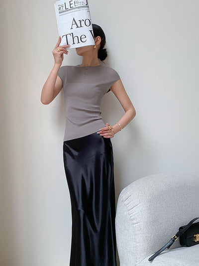 french sleeve sheer rib knit slim tops