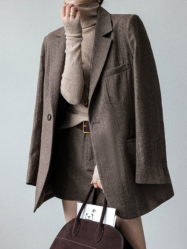 brown suit jacket mini skirt setup