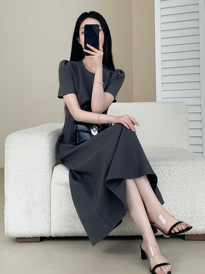 u neck gray flare long dress