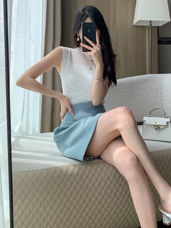 high waist trapezoid light blue mini skirt