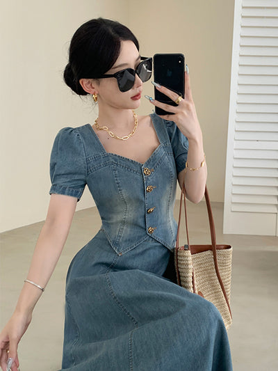 puff sleeve blue denim flared long dress