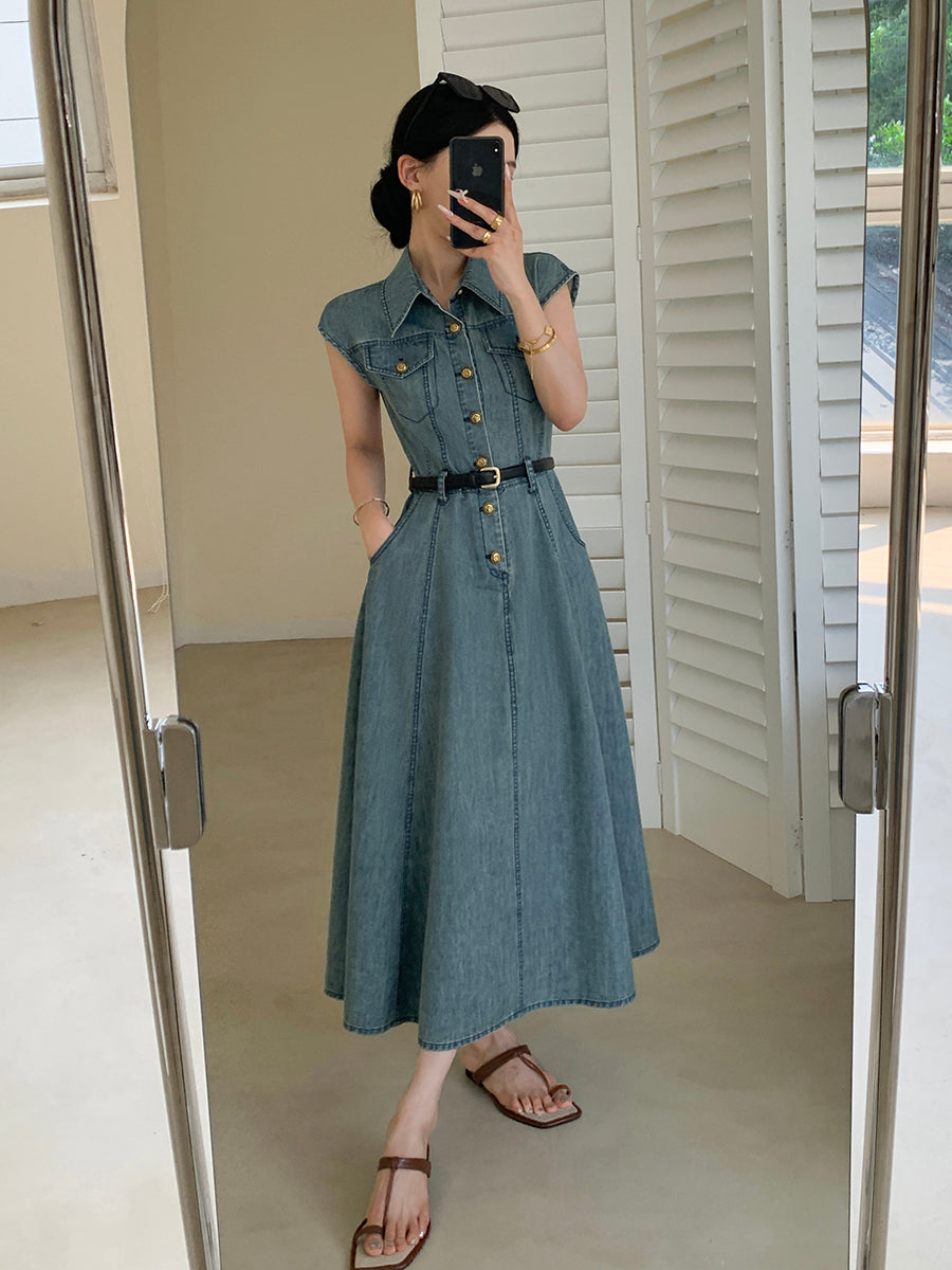 blue denim flare long one piece