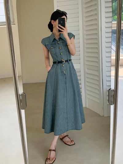 blue denim flare long one piece