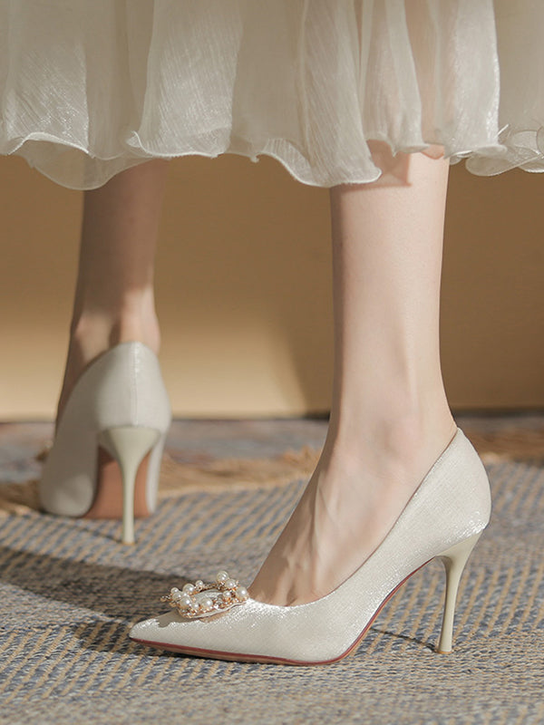 pearl buckle elegant high heels