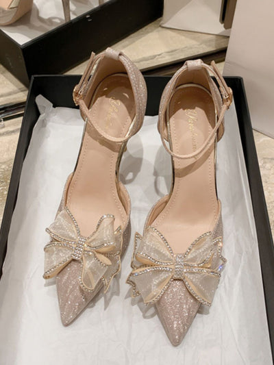 rhinestone ribbon pointed toe pumps