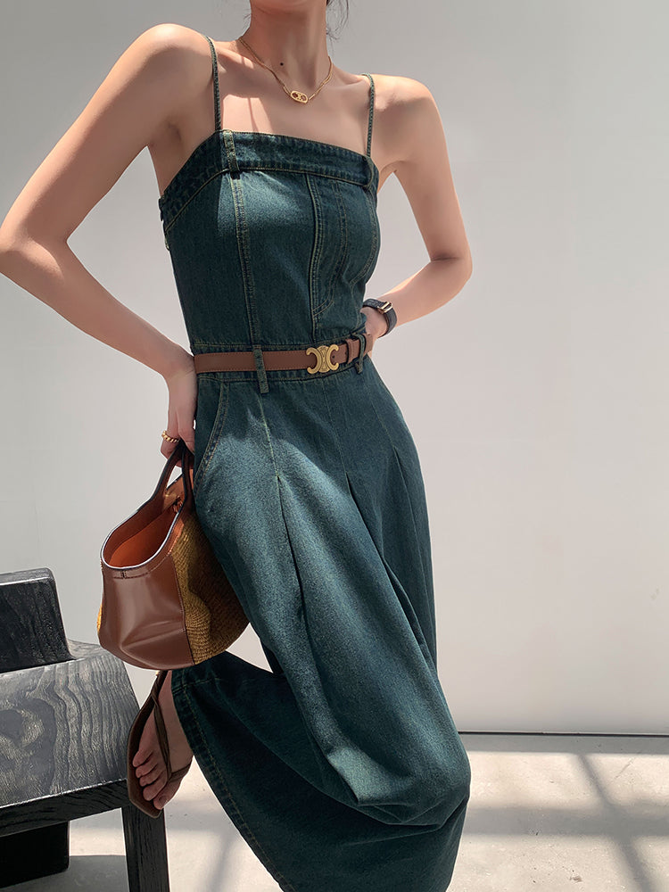 vintage blue denim camisole pleats long one piece