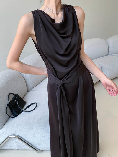 dark brown sleeveless satin dress