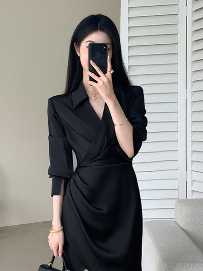 high end waist slim drape shirt dress