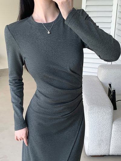 gray long sleeve slit long dress