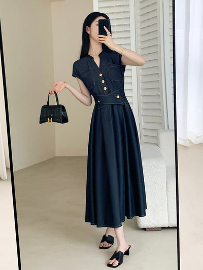 gold button denim long dress