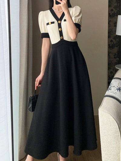 v neck bicolor gold button long one piece